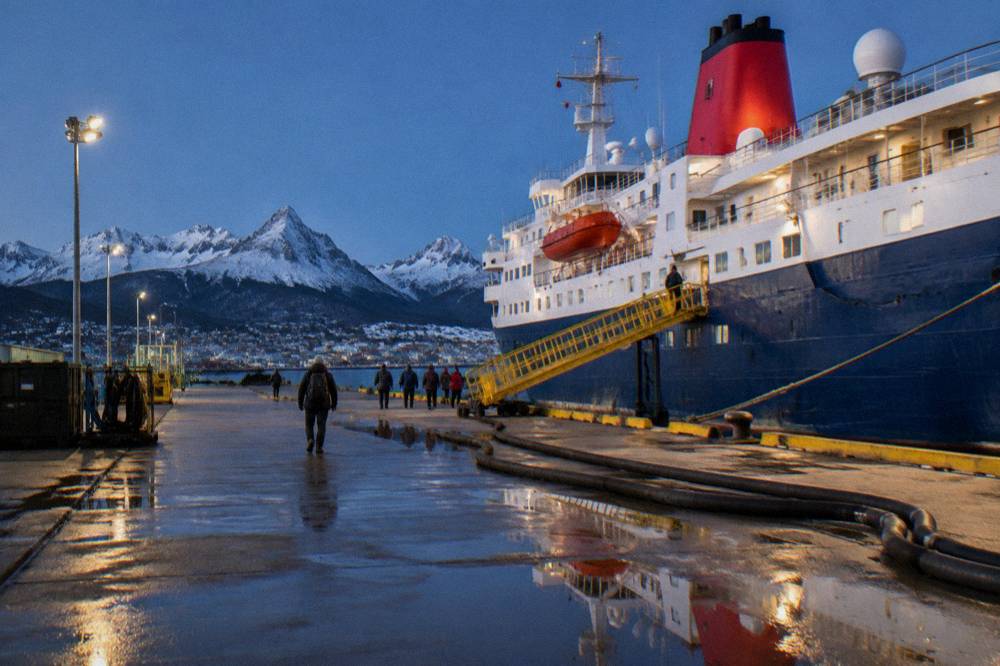 An expedition ship tied up at the pier in Ushuaia under an overcast sky