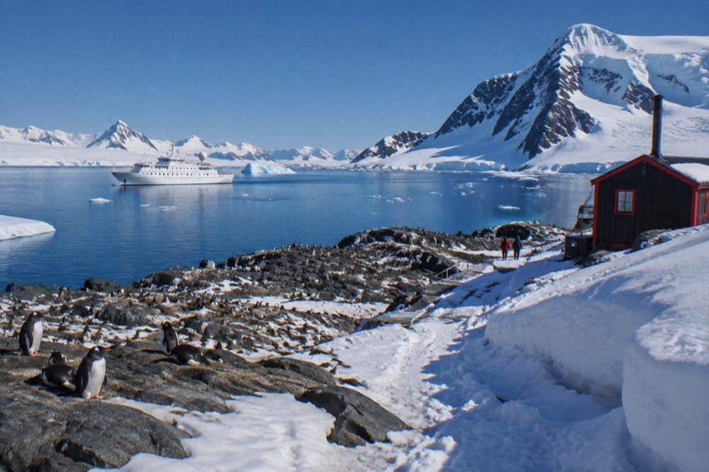 Expedition ship anchored in a calm Antarctic bay near penguin colonies