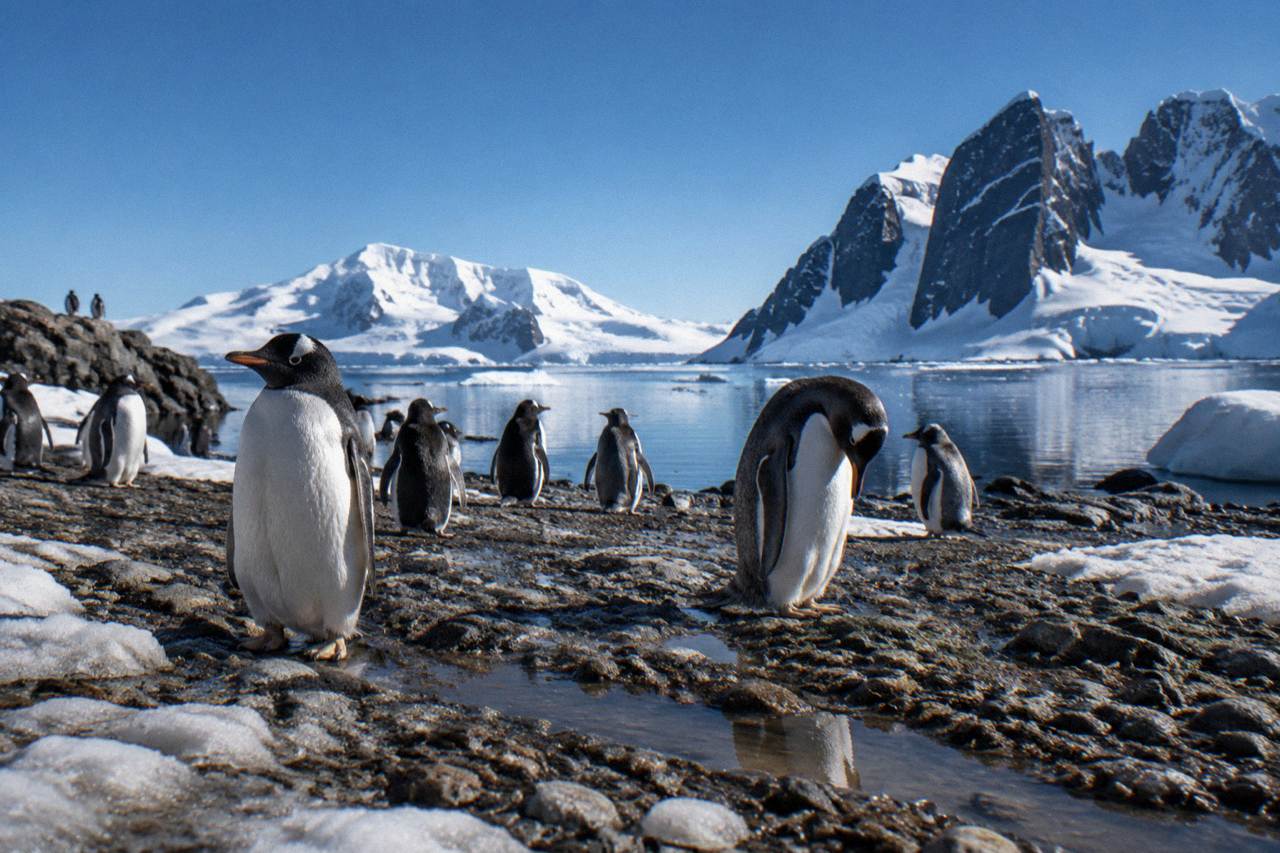 Gentoo penguins standing on a snowy Antarctic beach near calm water