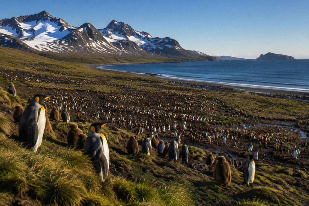 Dense colony of king penguins with brown chicks gathered on a coastal plain