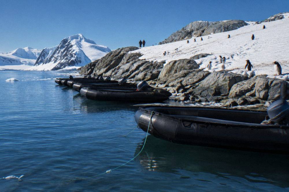 Zodiacs moored in a line beside a rocky shore with penguins in the distance