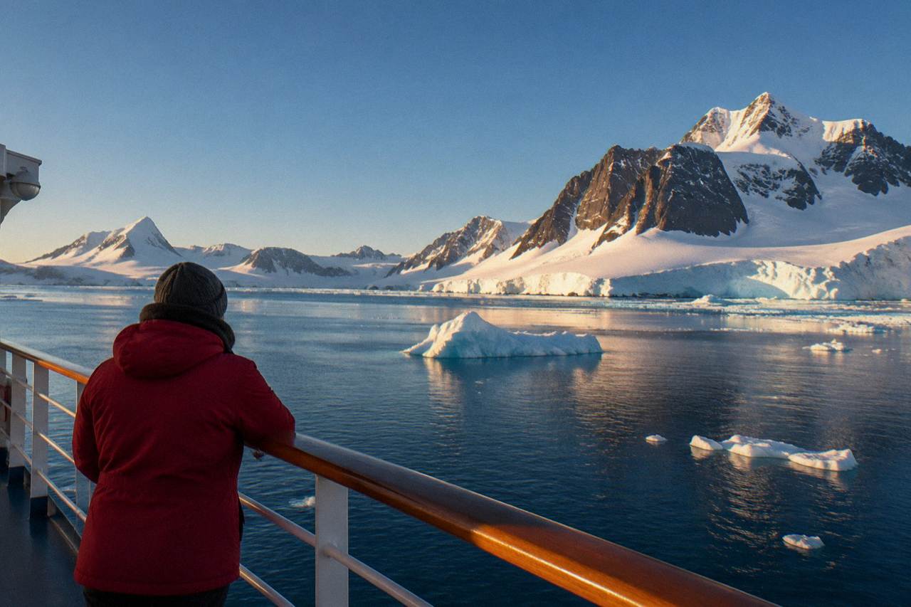 A ship deck rail above calm polar water scattered with small icebergs
