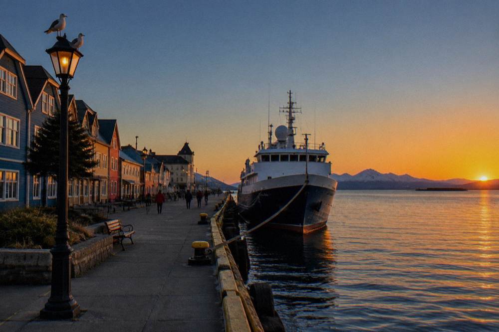 A small expedition ship at a dock with mountains behind at dusk