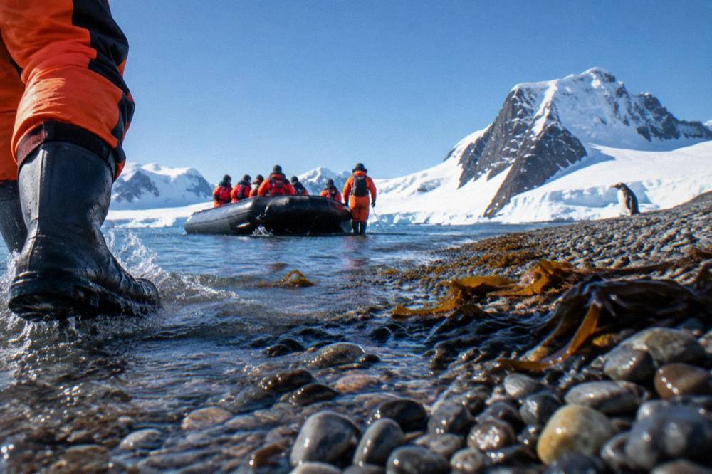A Zodiac boat approaching a rocky Antarctic shore with passengers in orange suits