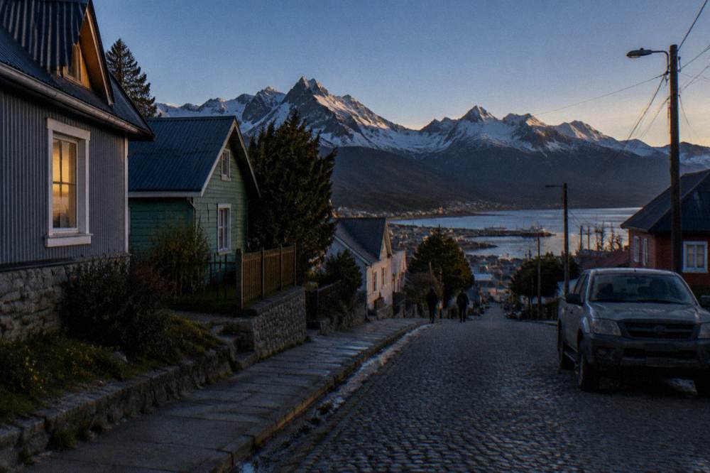 The Martial mountains rising behind Ushuaia's residential streets at dusk