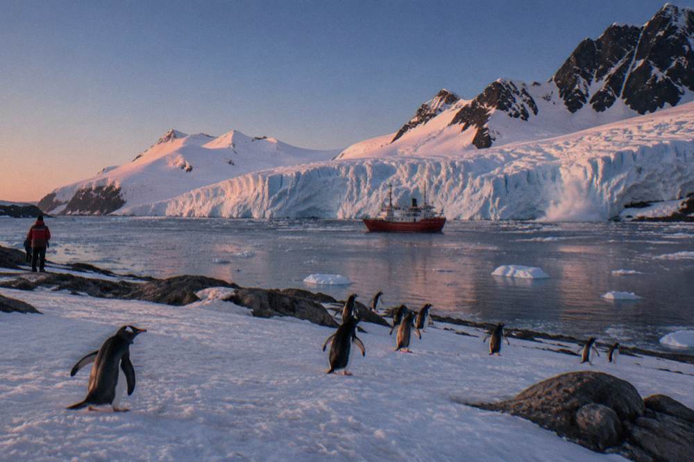 Small red-hulled expedition ship at anchor near snowy coastline