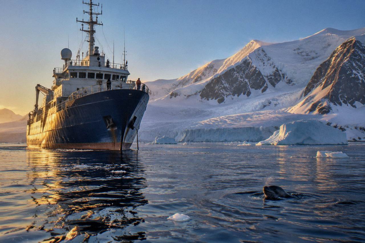 An expedition ship at anchor among icebergs in a calm Antarctic bay at low light