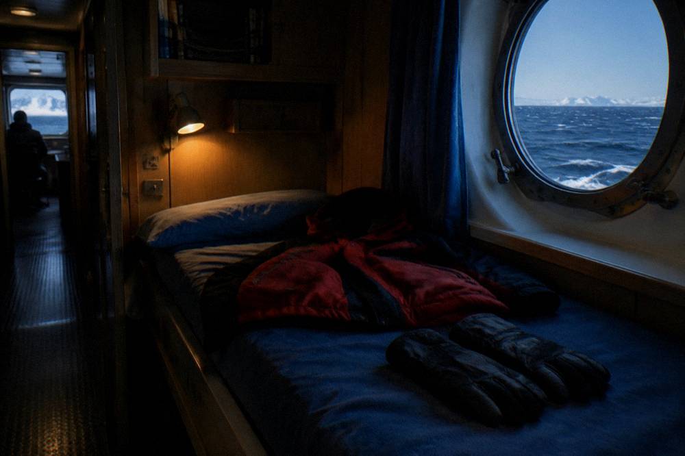 An expedition jacket and gloves laid out on a cabin bed before a landing day