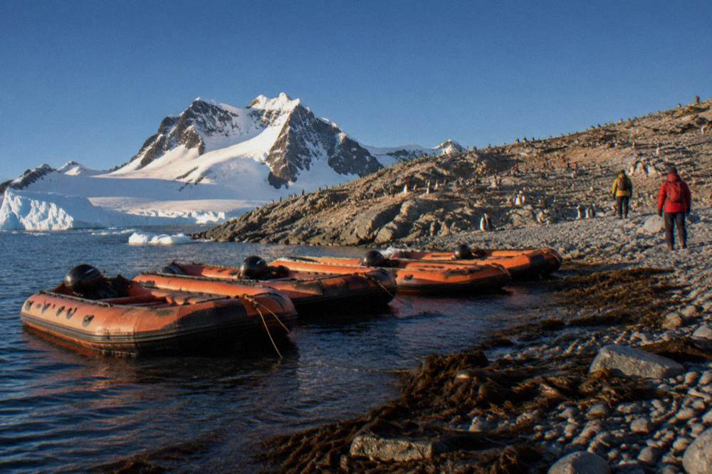 Orange Zodiacs moored in a row at a rocky Antarctic landing site