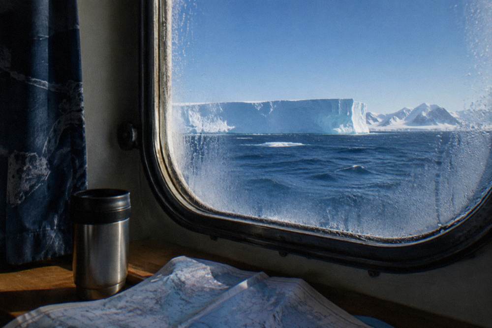A cabin window with an iceberg visible beyond the glass