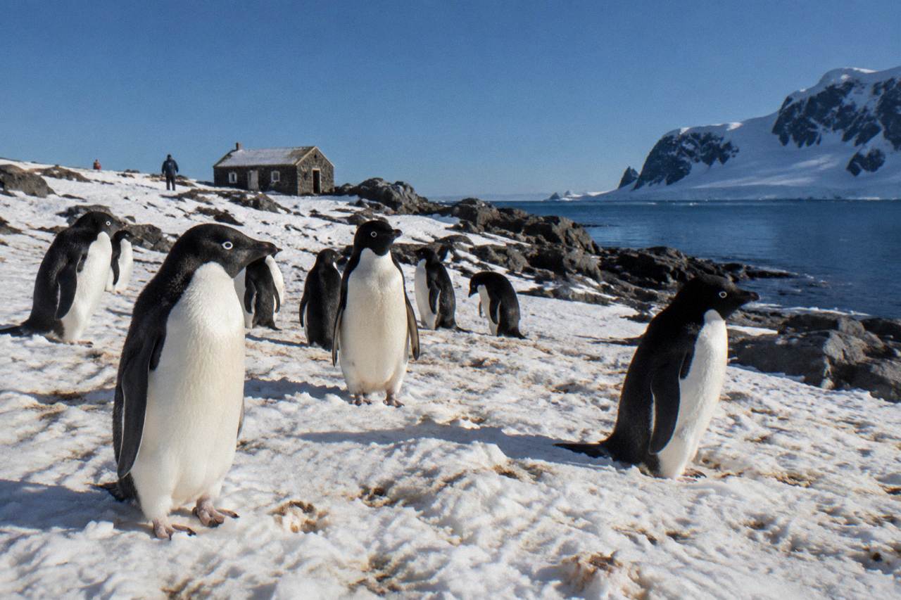 A group of penguins standing on snowy ground near an Antarctic shoreline