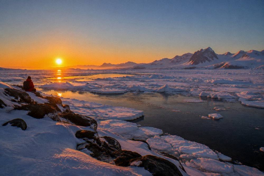 Sun low over an ice-filled channel with distant snow-covered mountains at the southern Peninsula