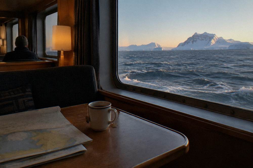 Cabin interior of an expedition cruise ship with a window view of calm sea