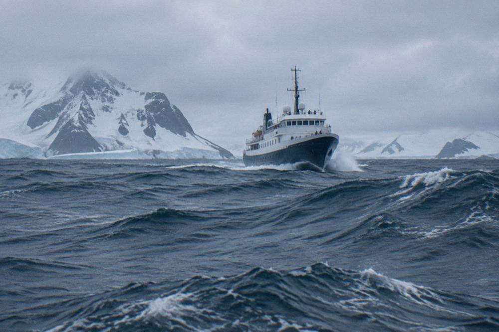 A small expedition ship cutting through open grey ocean swells