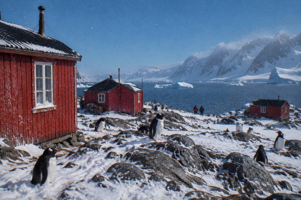 Small red historic buildings on a rocky Antarctic island surrounded by gentoo penguins
