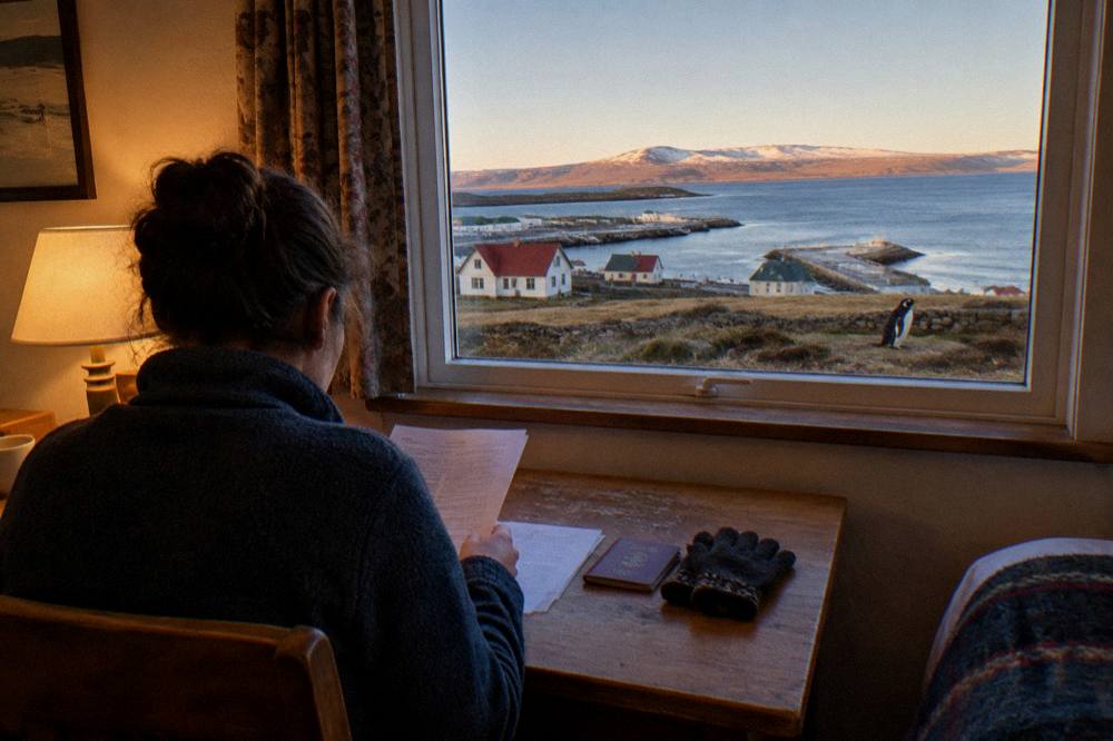 Traveller reviewing documents at a desk with a passport and expedition clothing nearby