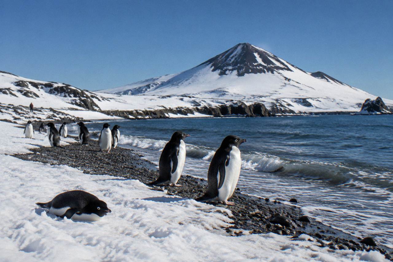 Gentoo penguins standing on a snowy Antarctic beach near the water