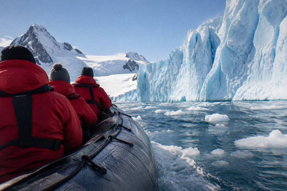 A Zodiac cruising past a wall of blue glacier ice with passengers in red parkas