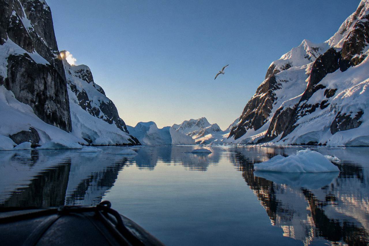Icebergs and calm water along the Antarctic Peninsula at low sun