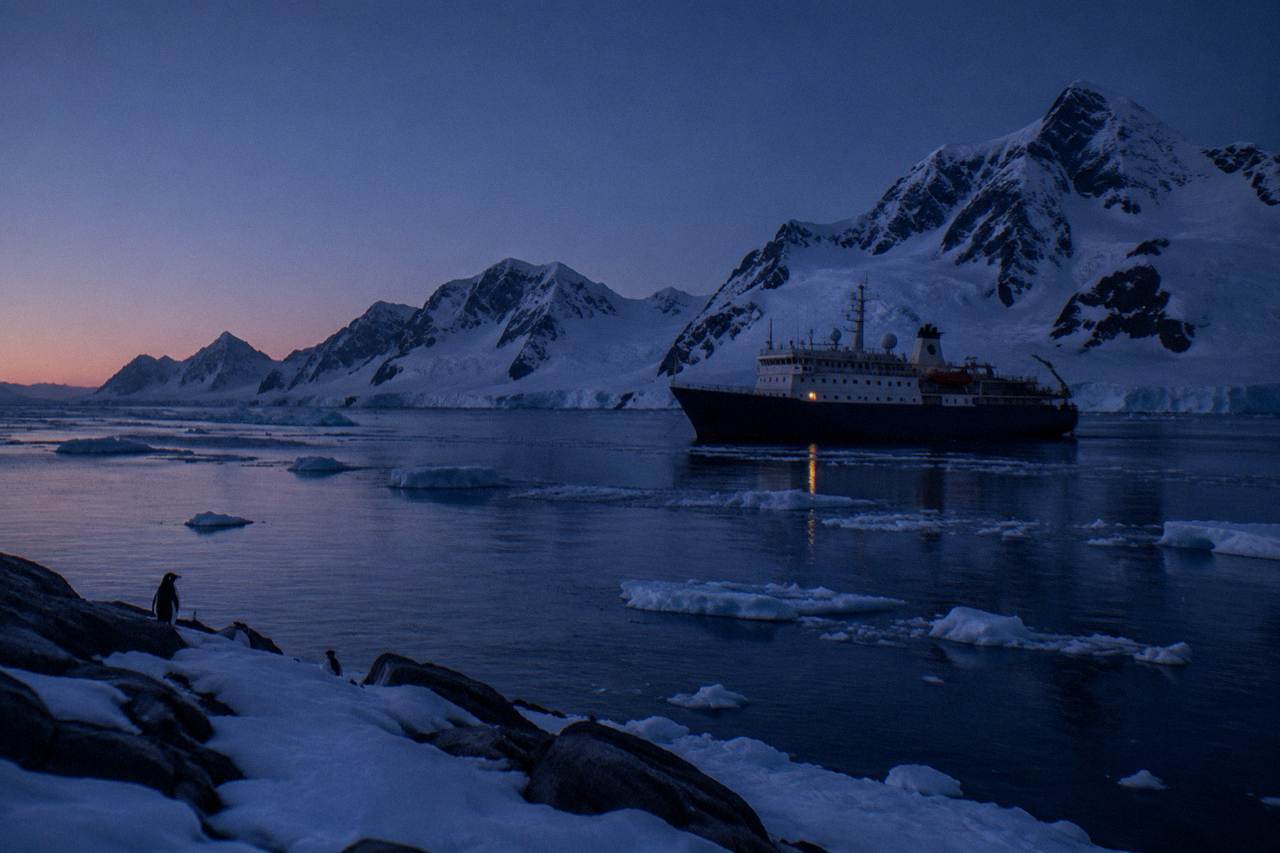 Expedition ship anchored near snow-covered Antarctic mountains at dusk