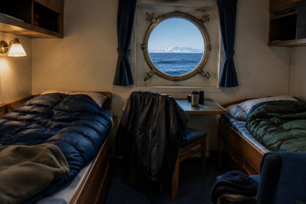 Simple twin expedition cabin with portholes and two single beds on a small ship