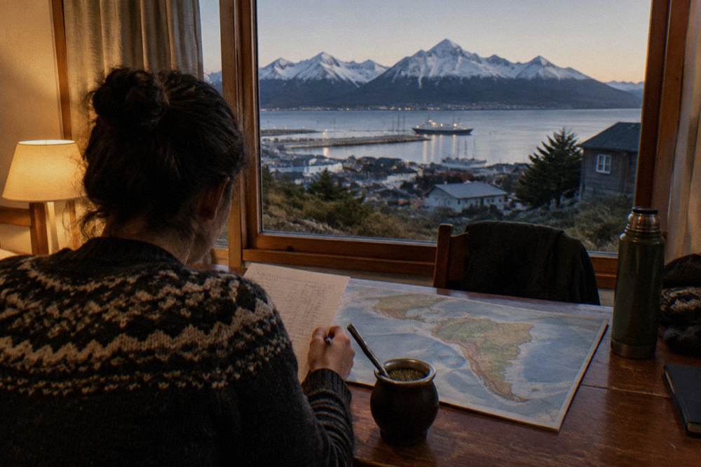 Traveller in expedition parka reviewing a budget sheet beside a map of South America