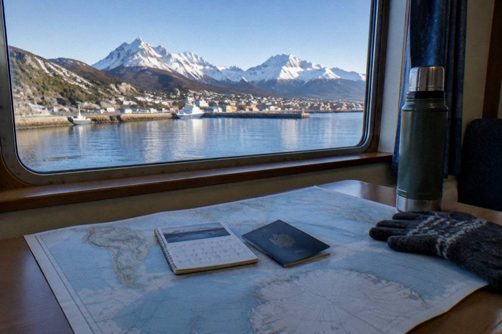 Calendar and passport resting on a map of Antarctica and South America
