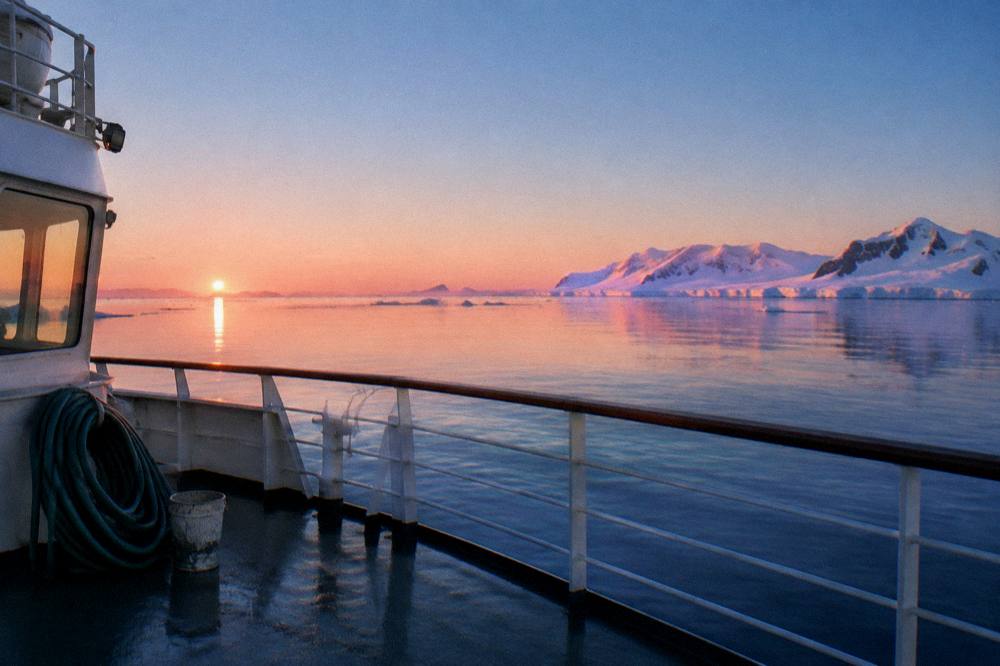 Calm open ocean at sunrise seen from an expedition ship deck with empty horizon
