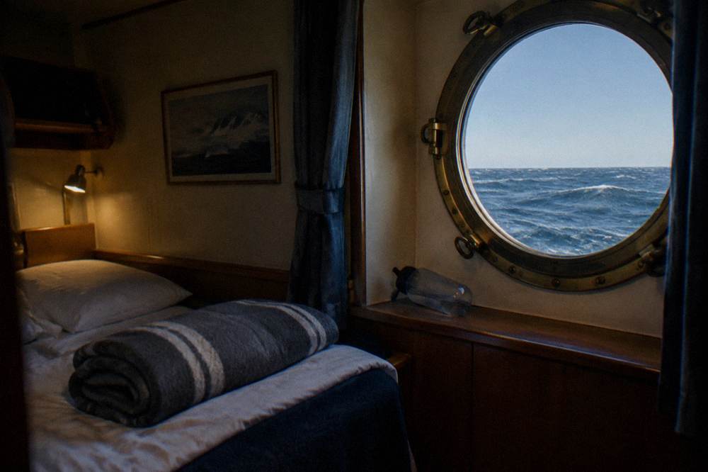 Cozy expedition ship cabin interior with a bed facing a small porthole