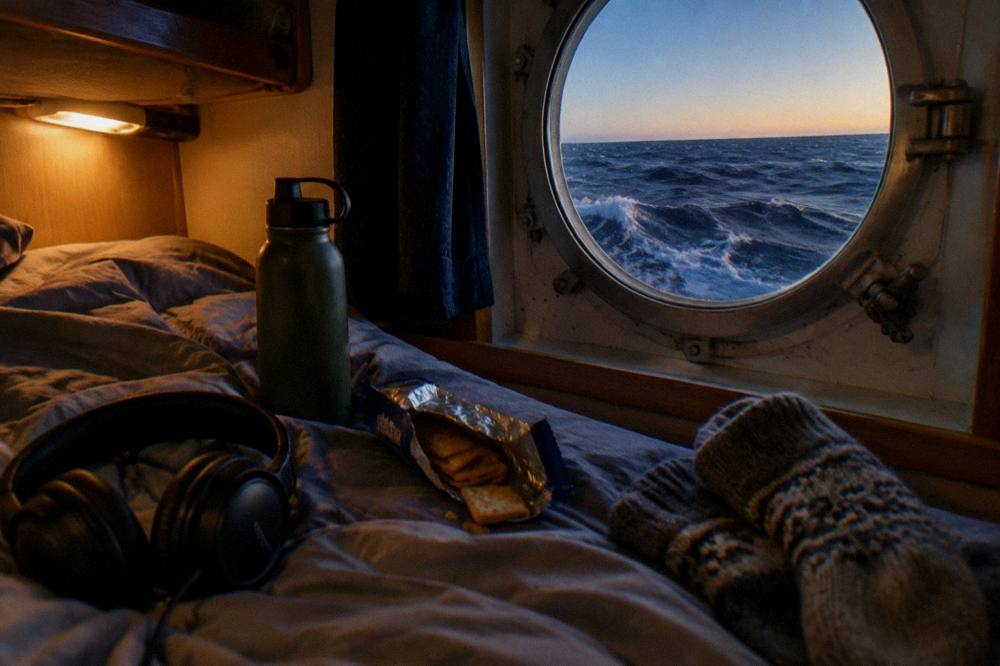 Flat lay of seasickness kit with water bottle, snacks, headphones and warm socks on a bed