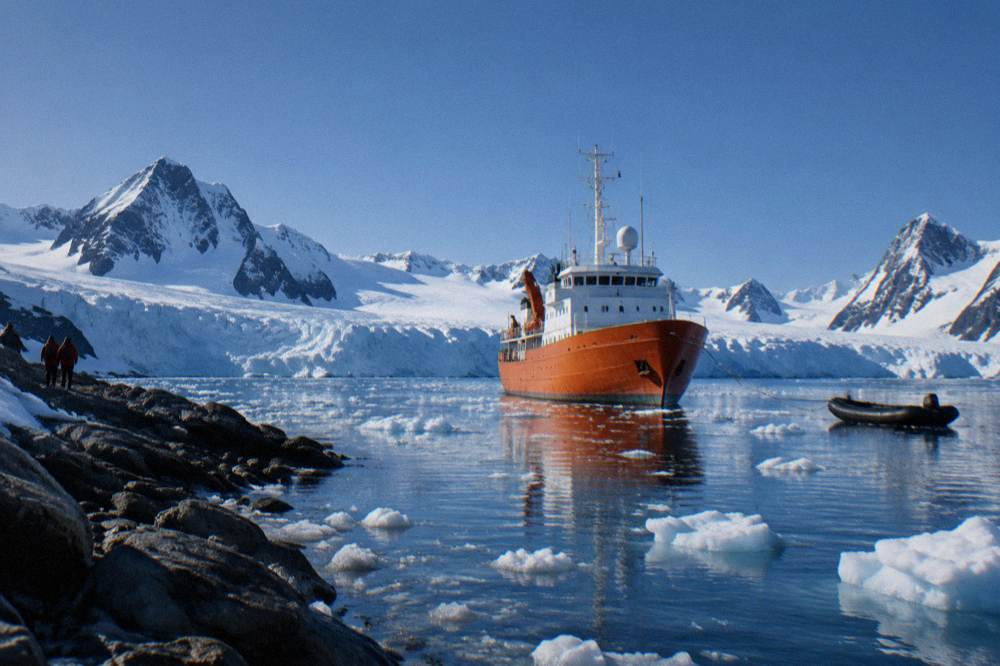 A small orange-hulled ship moored in a sheltered Antarctic bay ringed by glaciers