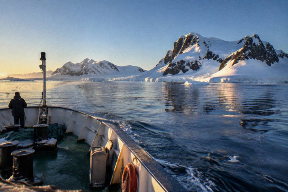 An expedition ship's bow cutting through calm polar water at low golden light