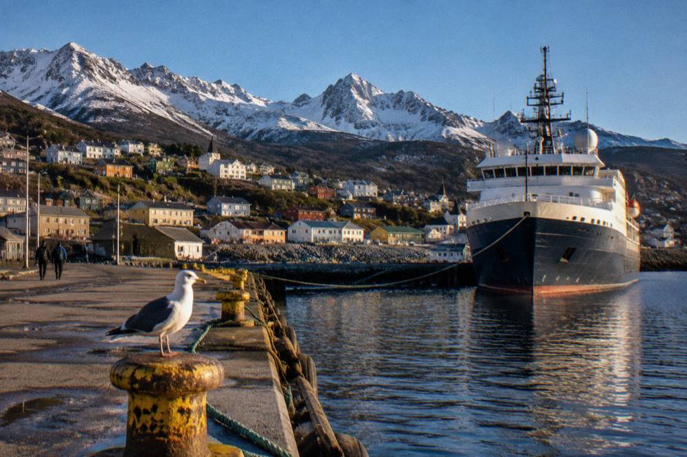 A small port town at the foot of snowy mountains with an expedition ship moored at the dock