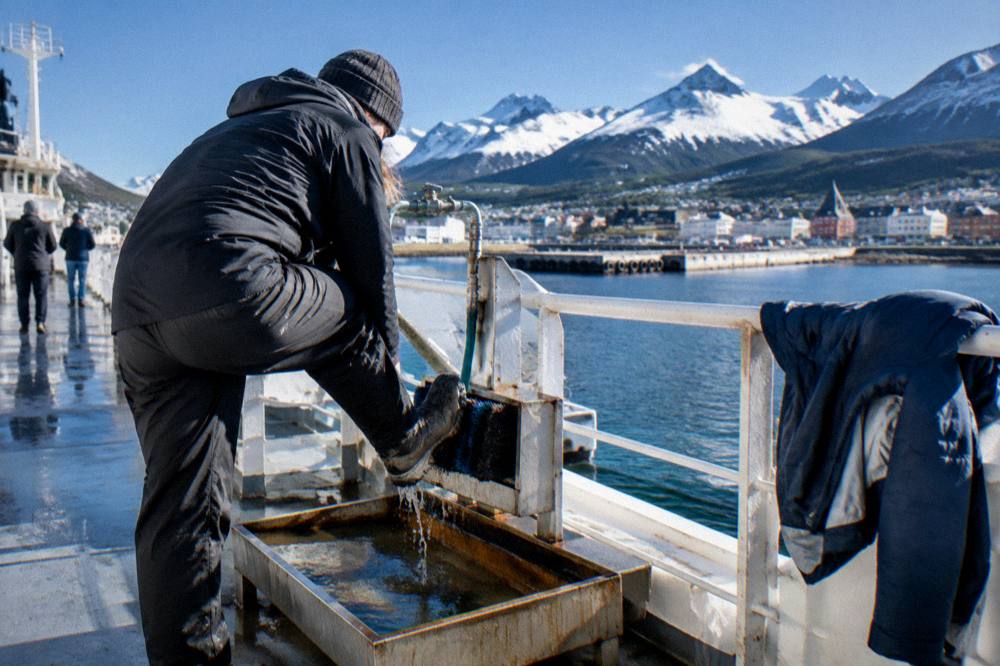 A traveller scrubbing boots at a biosecurity washing station before an Antarctic landing.