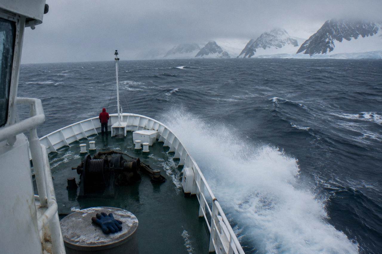 Expedition ship sailing through open ocean swells near the Antarctic Peninsula