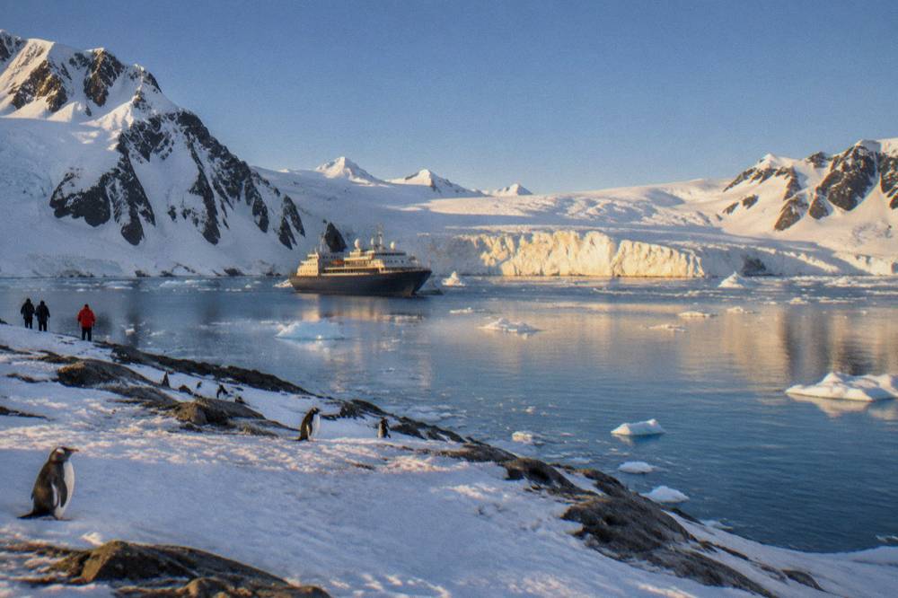 An expedition ship anchored in a calm bay ringed by snow-covered mountains and sea ice