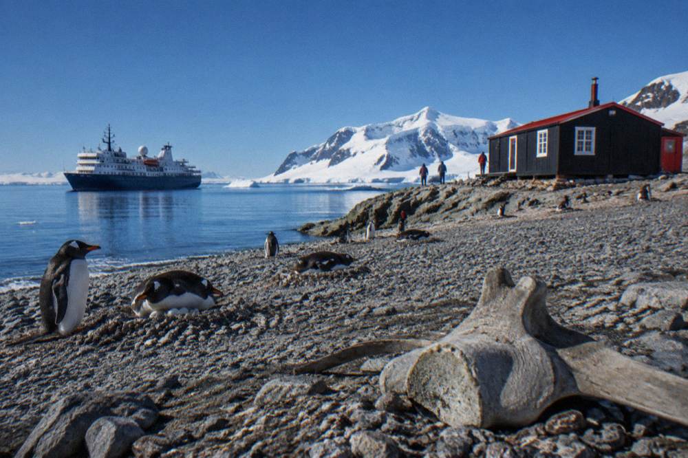 An expedition ship at anchor in a sheltered Antarctic bay with jagged peaks behind