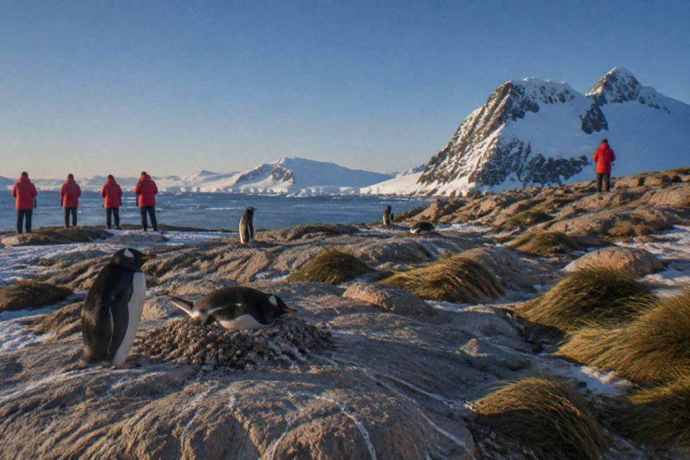 Passengers in red expedition parkas watching penguins from a rocky shoreline