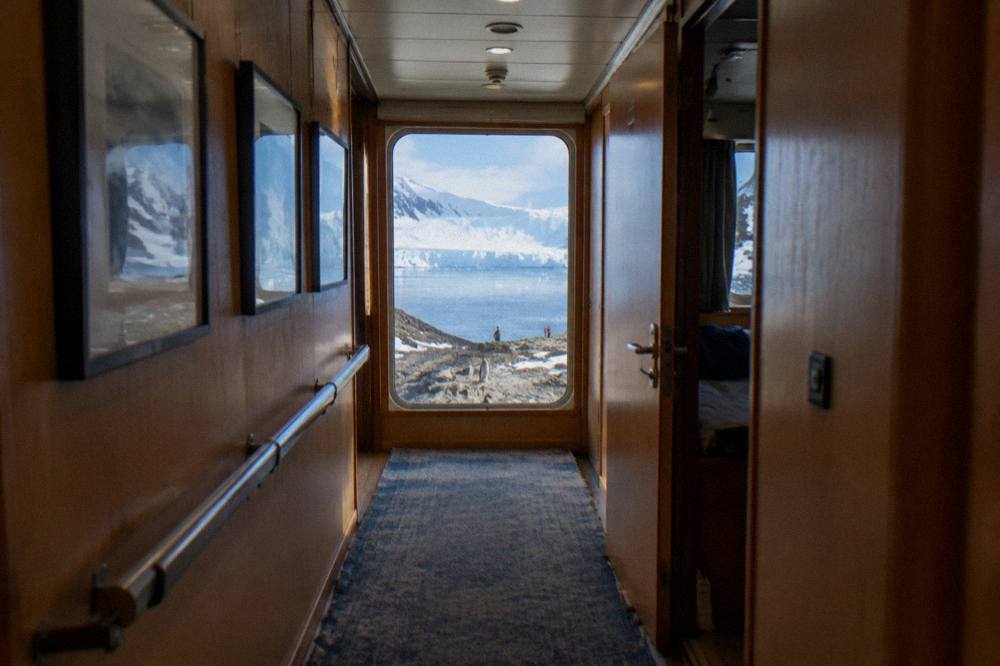Polar expedition ship cabin corridor with warm wood finishes and a view window