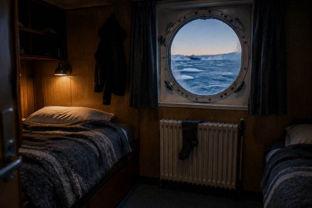 A simple ship cabin interior with two single berths, wood panelling and a porthole showing sea ice