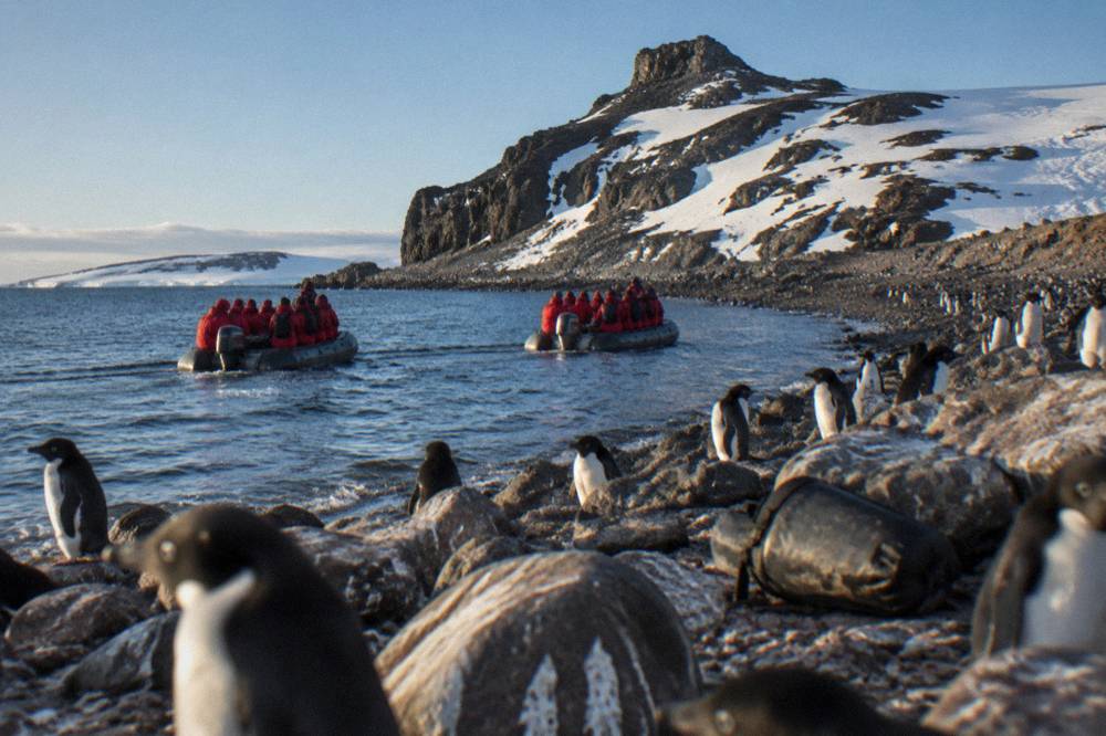 Zodiac boats carrying passengers toward a rocky shoreline with penguin colonies