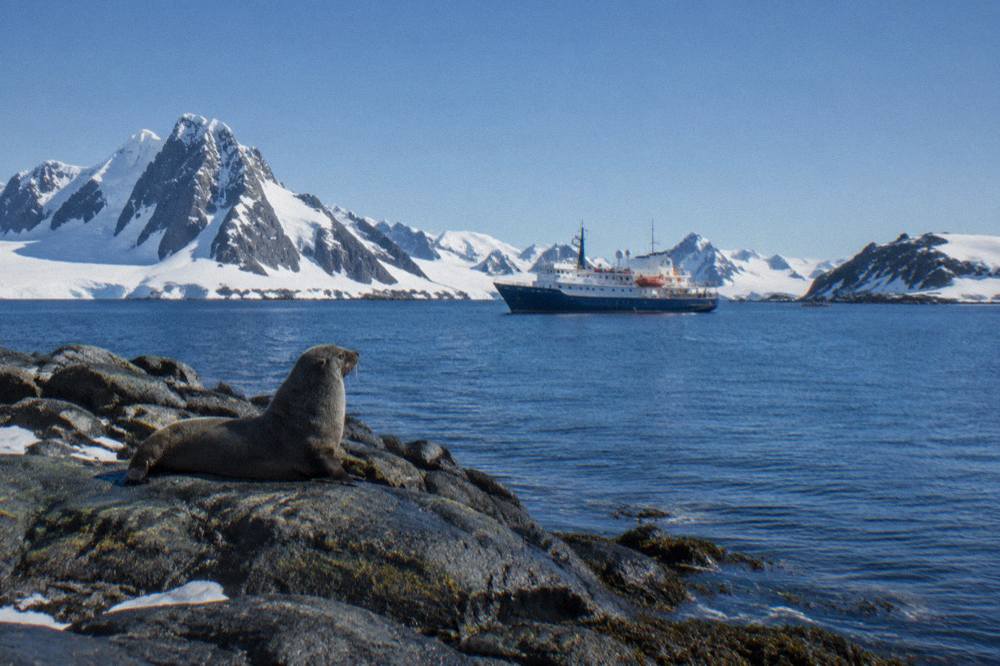 A small expedition ship at anchor near snowy Antarctic islands under a pale sky
