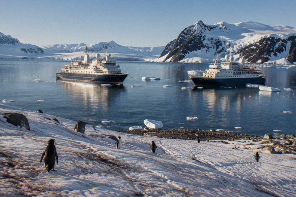 Two expedition ships anchored in a calm Antarctic bay under low clouds