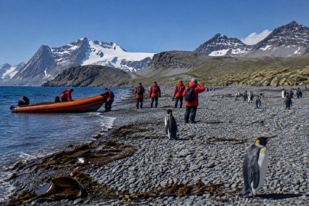 A Zodiac approaching a pebble beach where expedition guests in red parkas wait