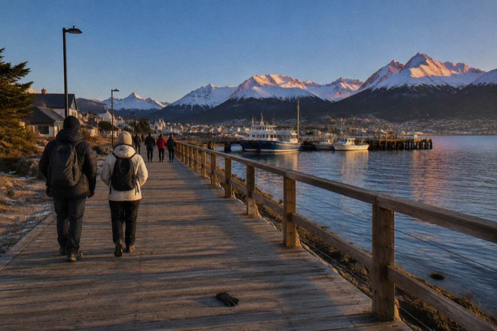 Travelers in winter gear walking along the Beagle Channel waterfront boardwalk in Ushuaia