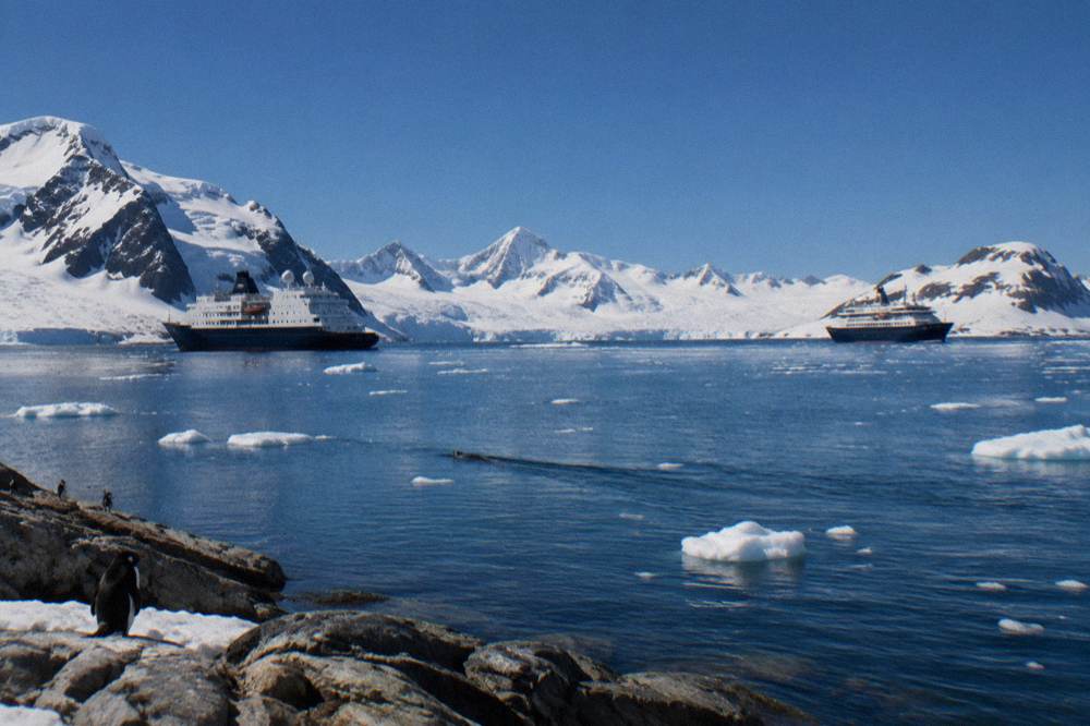 Two expedition ships anchored at a distance from each other in an icy Antarctic bay under low clouds.