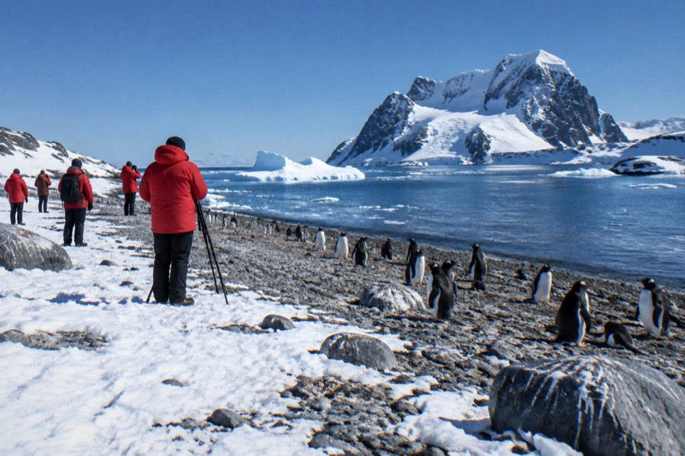Guests in matching parkas watching penguins from a safe distance on a snowy Antarctic beach.