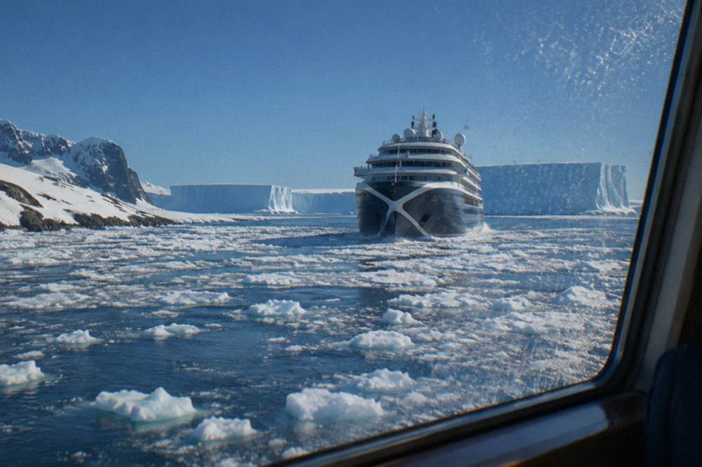 A sleek expedition cruise ship with a rounded X-shaped bow cruising through brash ice under low clouds