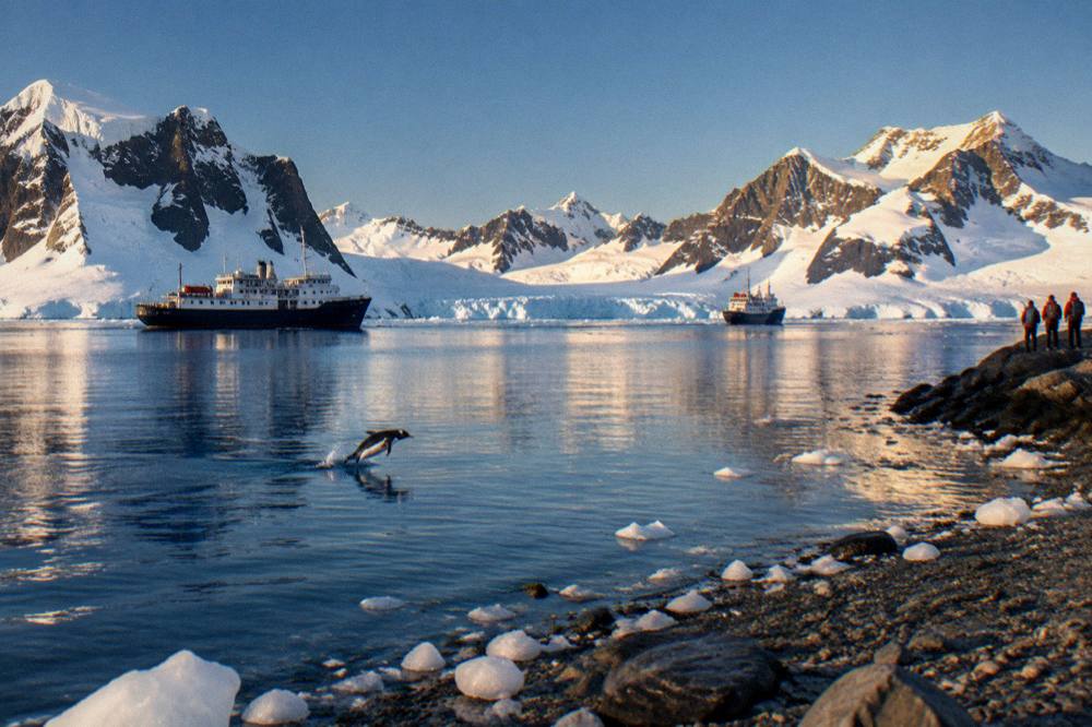 Two expedition ships anchored at different distances in an icy bay with jagged mountains behind